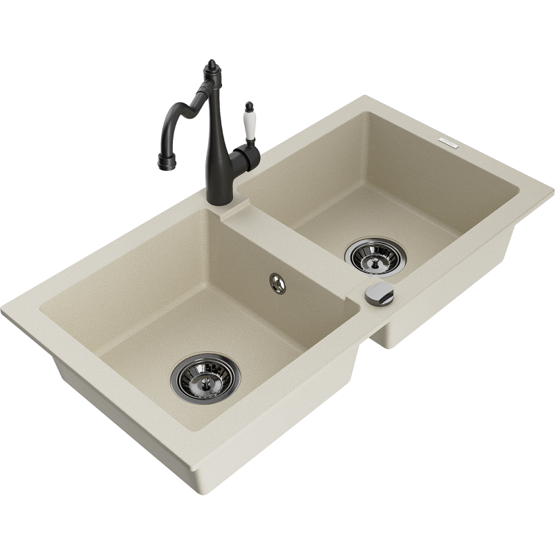 Mexen Mario granite sink 2-bowl with Carla kitchen tap, beige - 6504-69-670700-70