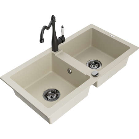 Mexen Mario granite double-bowl sink with Carla kitchen faucet, beige - 6504-69-670700-70