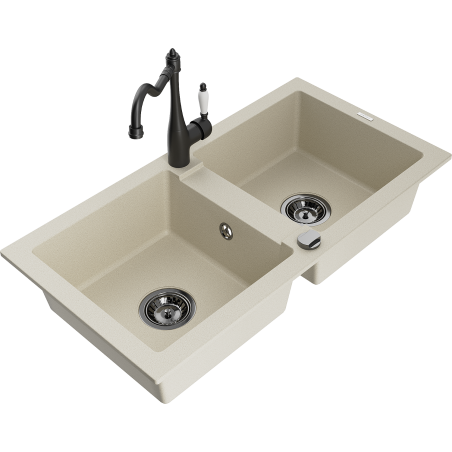 Mexen Mario granite sink 2-bowl with Carla kitchen tap, beige - 6504-69-670700-70