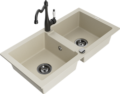 Mexen Mario granite sink 2-bowl with Carla kitchen tap, beige - 6504-69-670700-70