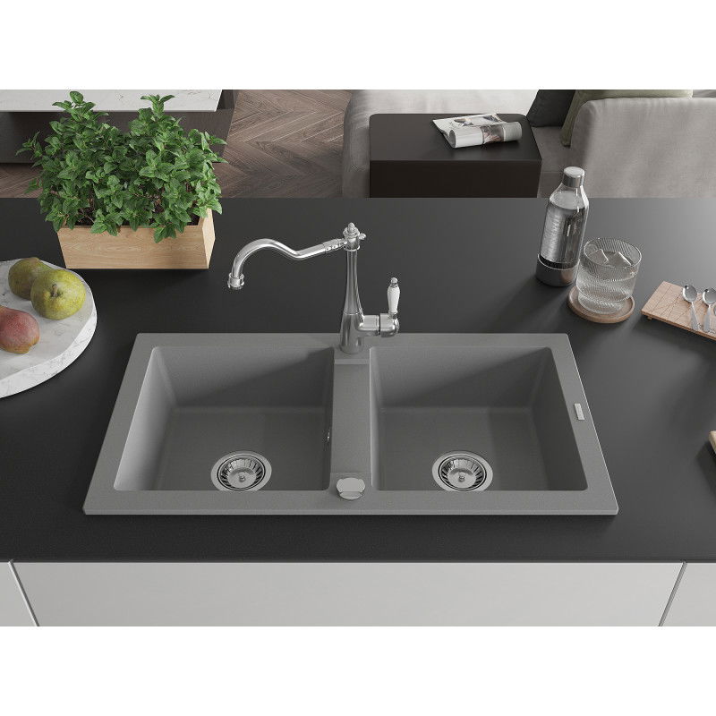 Mexen Mario granite sink 2-bowl with Carla kitchen tap, grey - 6504-71-670700-00