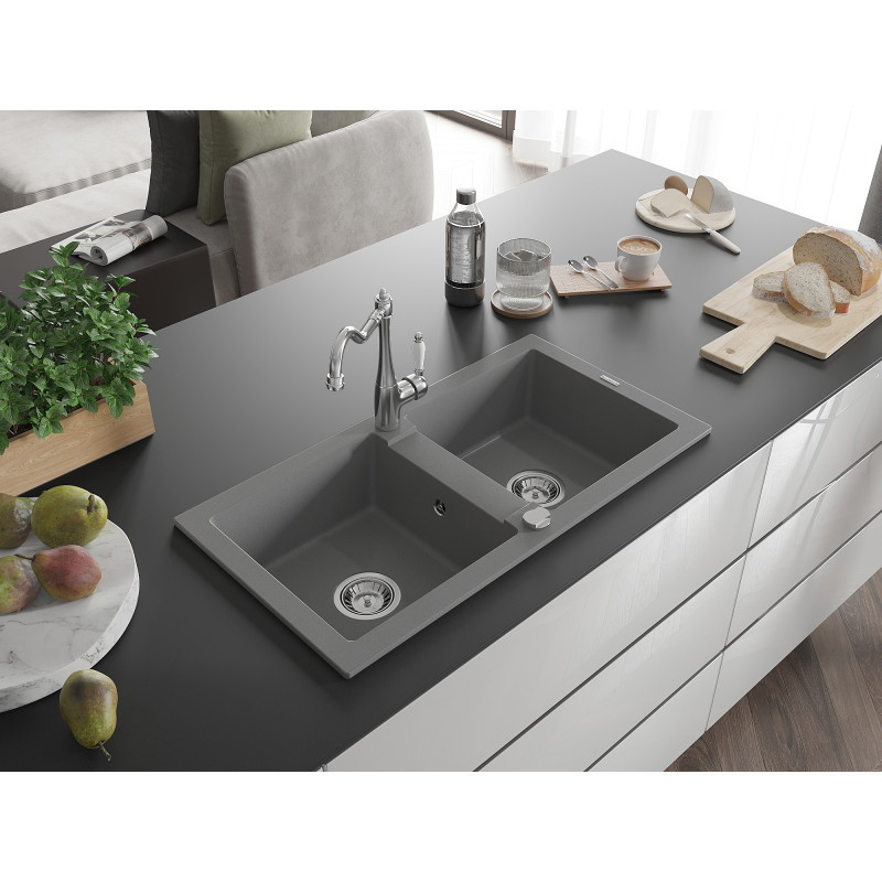 Mexen Mario granite double-bowl kitchen sink with Carla faucet, gray - 6504-71-670700-00