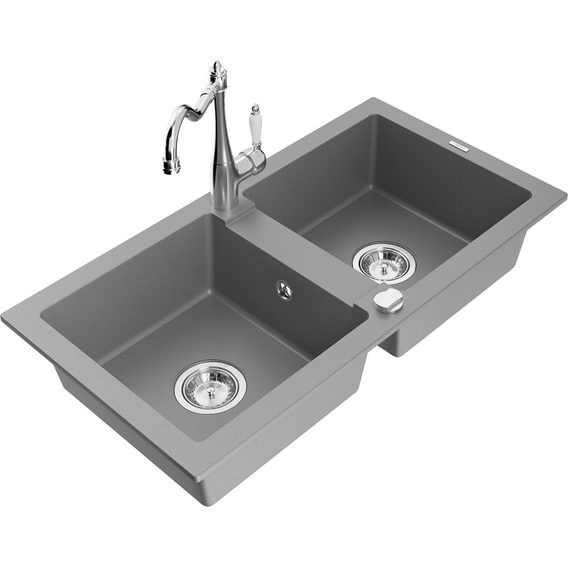 Mexen Mario granite double-bowl sink with Carla kitchen faucet, gray - 6504-71-670700-00