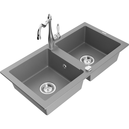 Mexen Mario 2-compartment granite sink with a kitchen mixer tap Carla, Grey - 6504-71-670700-00
