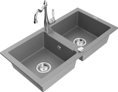 Mexen Mario granite double-bowl sink with Carla kitchen faucet, gray - 6504-71-670700-00