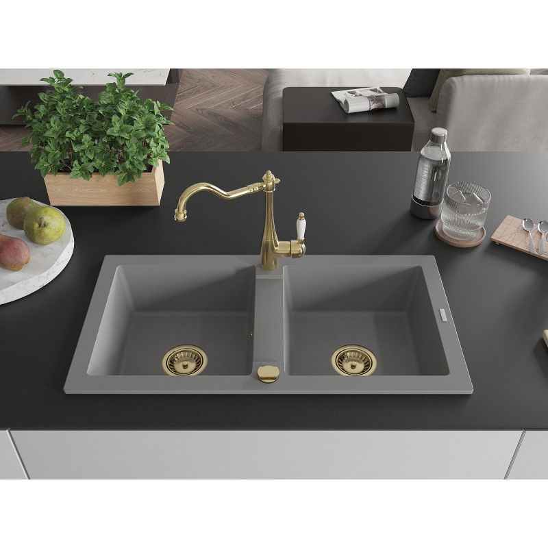 Mexen Mario granite sink 2-bowl with Carla kitchen tap, grey - 6504-71-670700-50