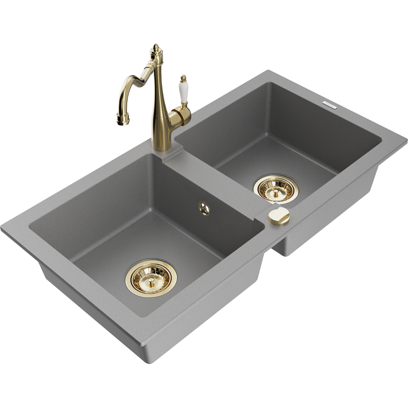 Mexen Mario 2-compartment granite sink with a kitchen mixer tap Carla, Grey - 6504-71-670700-50
