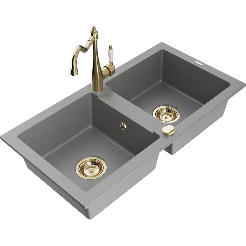 Mexen Mario granite double-bowl kitchen sink with Carla faucet, gray - 6504-71-670700-50