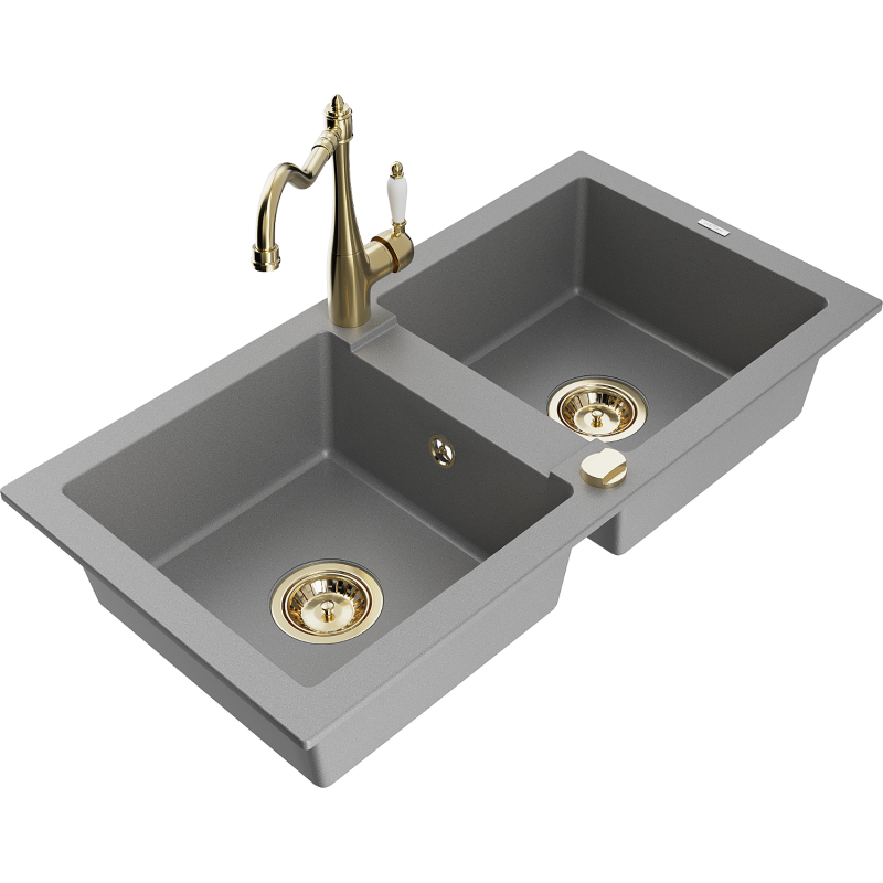 Mexen Mario granite sink 2-bowl with Carla kitchen tap, grey - 6504-71-670700-50