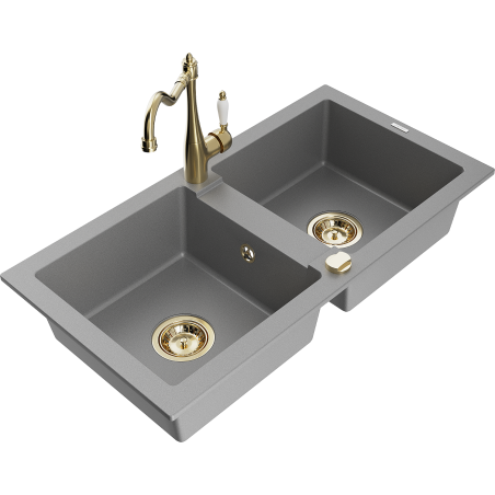 Mexen Mario granite sink 2-bowl with Carla kitchen tap, grey - 6504-71-670700-50
