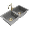 Mexen Mario granite sink 2-bowl with Carla kitchen tap, grey - 6504-71-670700-50