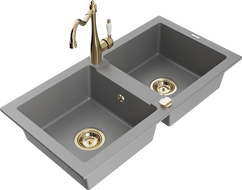 Mexen Mario granite sink 2-bowl with Carla kitchen tap, grey - 6504-71-670700-50