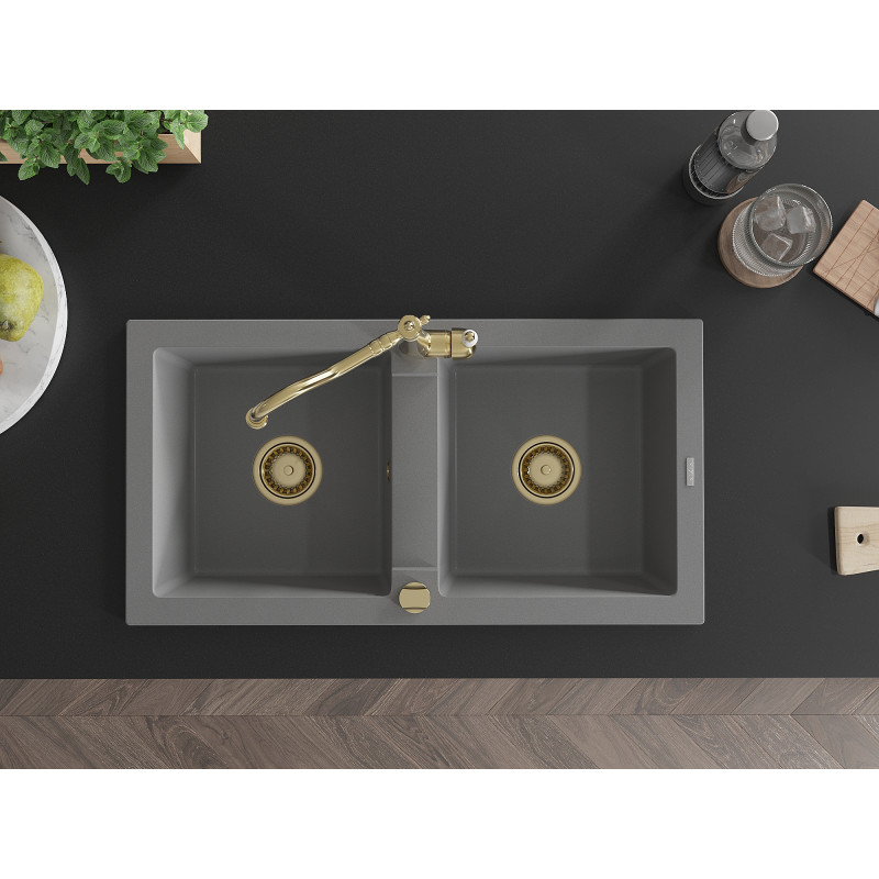 Mexen Mario granite kitchen sink with 2 compartments and Carla kitchen faucet, gray - 6504-71-670700-50