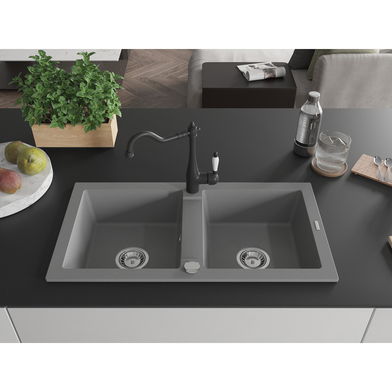 Mexen Mario granite double-bowl kitchen sink with kitchen faucet Carla, gray - 6504-71-670700-70