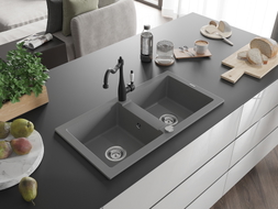 Mexen Mario 2-bowl granite sink with Carla kitchen faucet, gray - 6504-71-670700-70