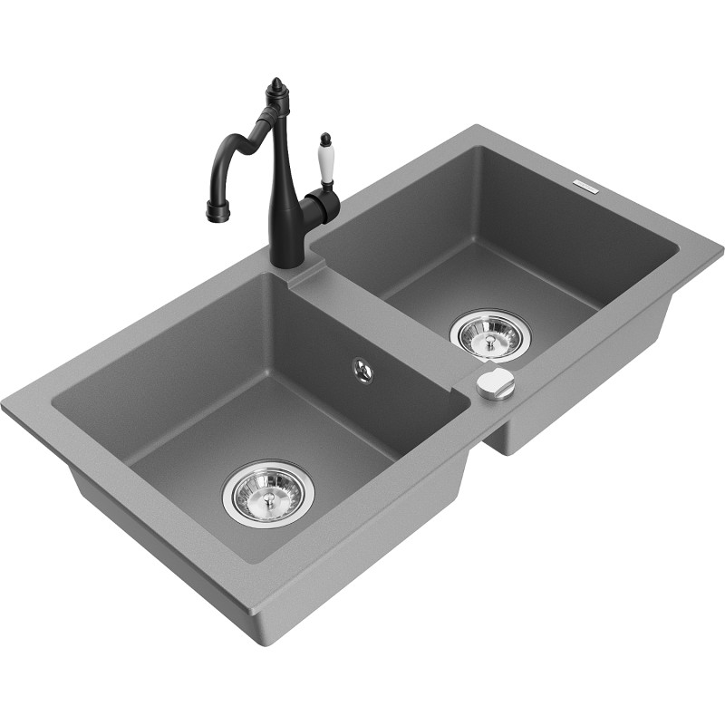Mexen Mario 2-bowl granite sink with Carla kitchen faucet, gray - 6504-71-670700-70