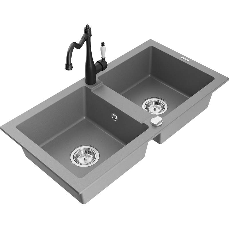 Mexen Mario granite sink 2-bowl with Carla kitchen tap, grey - 6504-71-670700-70