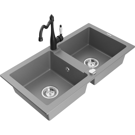 Mexen Mario granite double-bowl kitchen sink with kitchen faucet Carla, gray - 6504-71-670700-70
