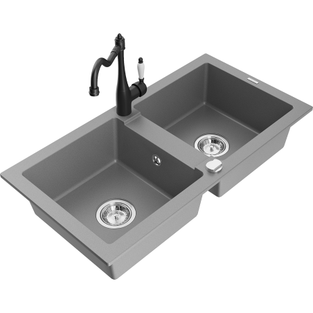 Mexen Mario granite sink 2-bowl with Carla kitchen tap, grey - 6504-71-670700-70