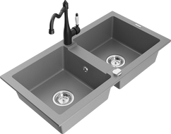 Mexen Mario granite sink 2-bowl with Carla kitchen tap, grey - 6504-71-670700-70