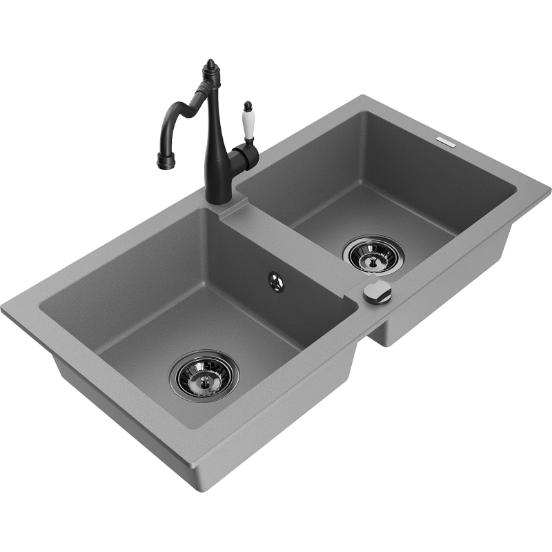 Mexen Mario 2-bowl granite sink with Carla kitchen tap, grey - 6504-71-670700-70-B
