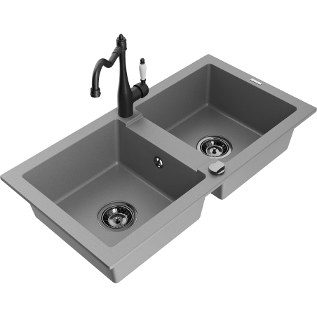Mexen Mario 2-bowl granite sink with Carla kitchen tap, grey - 6504-71-670700-70-B