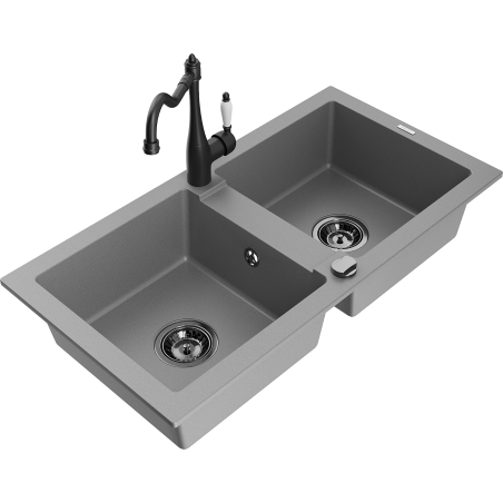 Mexen Mario granite double-bowl sink with Carla kitchen faucet, gray - 6504-71-670700-70-B
