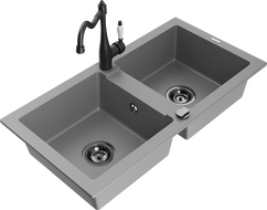 Mexen Mario 2-bowl granite sink with Carla kitchen tap, grey - 6504-71-670700-70-B