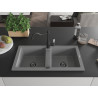Mexen Mario granite double-bowl sink with Carla kitchen faucet, gray - 6504-71-670700-70-B