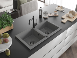 Mexen Mario 2-compartment granite sink with a kitchen mixer tap Carla, Grey - 6504-71-670700-70-B