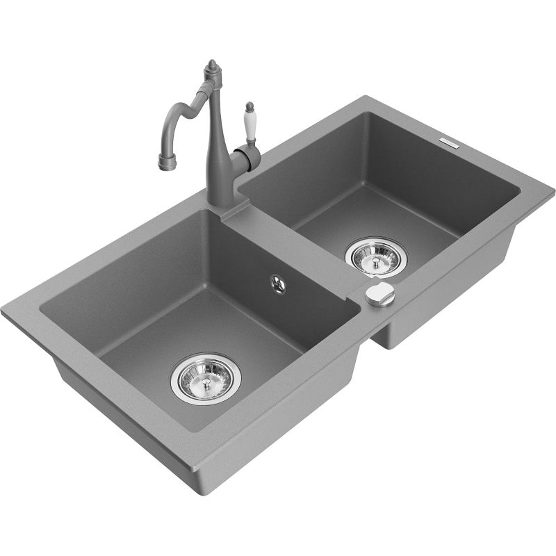 Mexen Mario 2-bowl granite sink with Carla kitchen tap, grey - 6504-71-670700-71