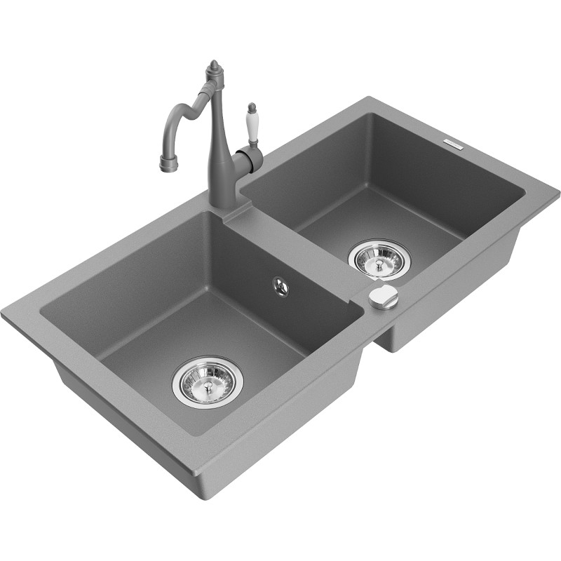 Mexen Mario granite double-bowl kitchen sink with Carla kitchen faucet, gray - 6504-71-670700-71