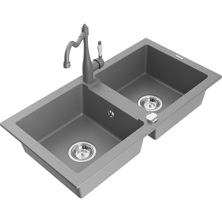 Mexen Mario 2-compartment granite sink with Carla kitchen faucet, gray - 6504-71-670700-71