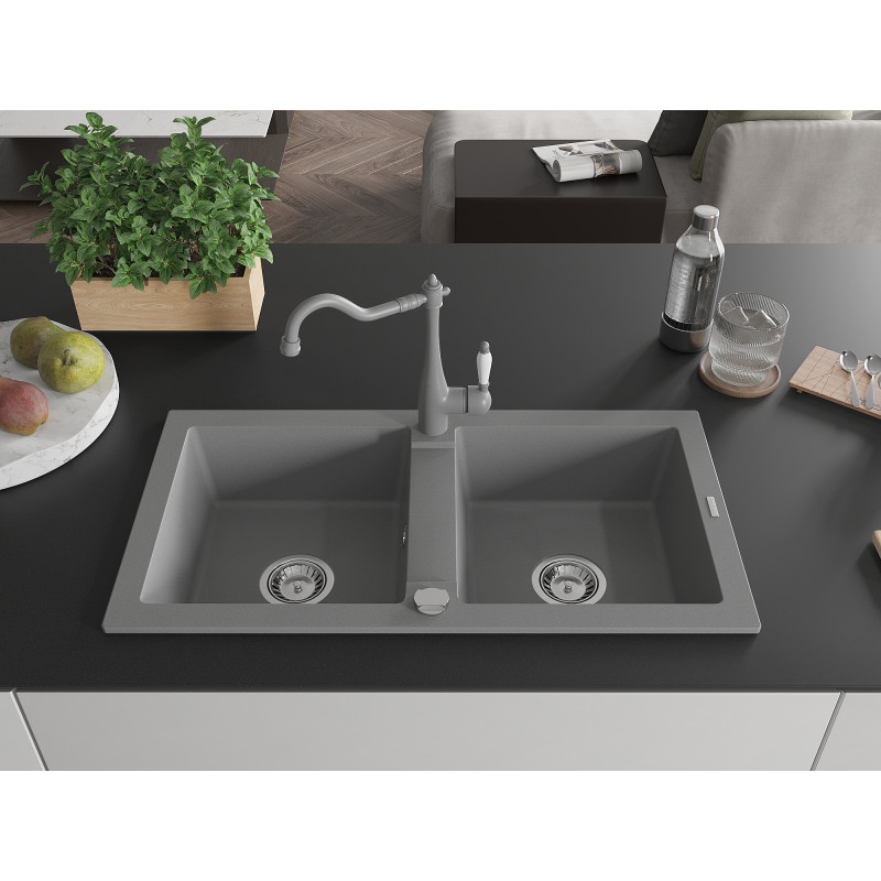 Mexen Mario 2-compartment granite sink with Carla kitchen faucet, gray - 6504-71-670700-71