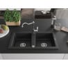 Mexen Mario granite sink 2-bowl with Carla kitchen tap, black/silver metallic - 6504-73-670700-00