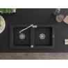 Mexen Mario granite sink 2-bowl with Carla kitchen tap, black/silver metallic - 6504-73-670700-00