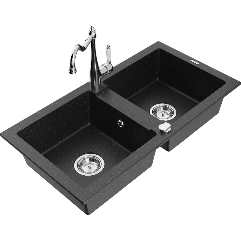 Mexen Mario Granite Sink 2-Bowl with Carla Kitchen Faucet, Black/Silver Metallic - 6504-73-670700-00