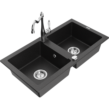 Mexen Mario granite sink 2-bowl with Carla kitchen tap, black/silver metallic - 6504-73-670700-00