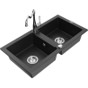 Mexen Mario Granite Sink 2-Bowl with Carla Kitchen Faucet, Black/Silver Metallic - 6504-73-670700-00