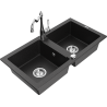 Mexen Mario granite sink 2-bowl with Carla kitchen tap, black/silver metallic - 6504-73-670700-00