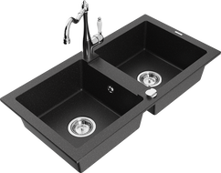 Mexen Mario granite double-bowl kitchen sink with Carla faucet, black/silver metallic - 6504-73-670700-00