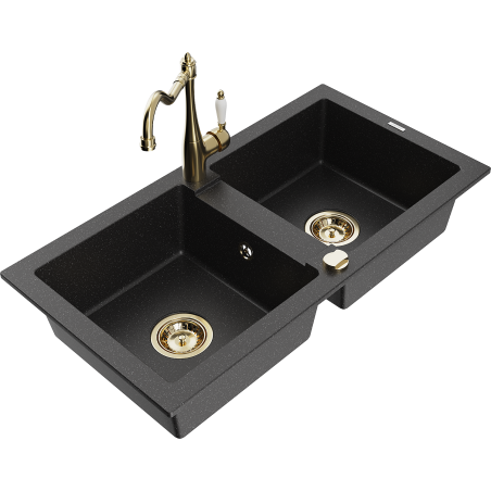 Mexen Mario 2-bowl granite sink with Carla kitchen faucet, black/silver metallic - 6504-73-670700-50