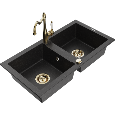 Mexen Mario granite double-bowl kitchen sink with Carla faucet, black/silver metallic - 6504-73-670700-50