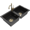 Mexen Mario 2-bowl granite sink with Carla kitchen faucet, black/silver metallic - 6504-73-670700-50