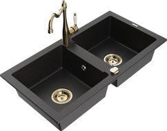 Mexen Mario granite double-bowl kitchen sink with Carla faucet, black/silver metallic - 6504-73-670700-50