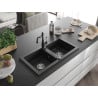 Mexen Mario granite sink 2-chamber with Carla kitchen tap, black/silver metallic - 6504-73-670700-70