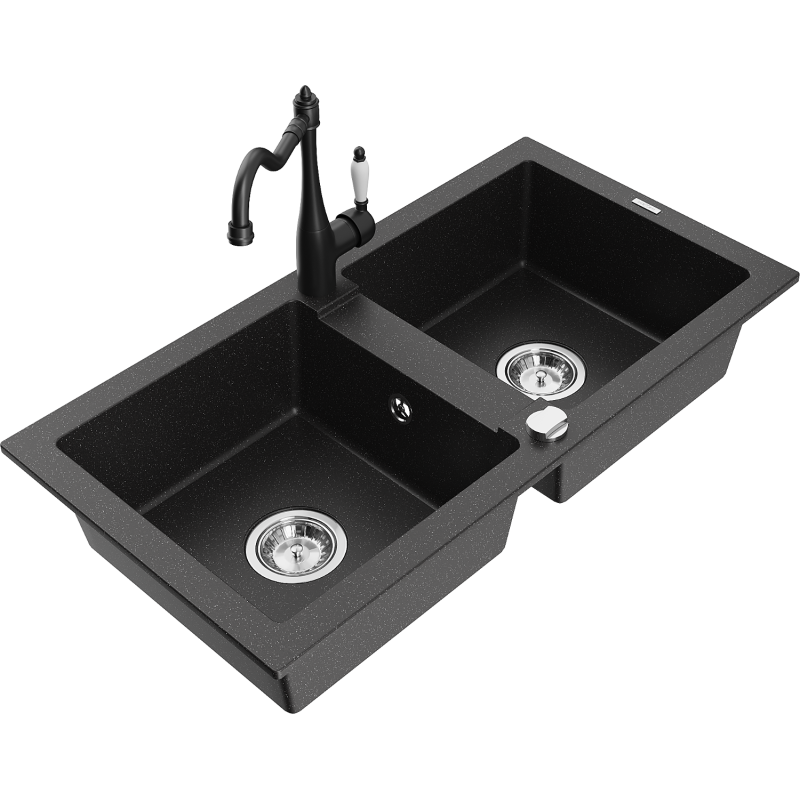 Mexen Mario granite double-basin sink with kitchen faucet Carla, black/silver metallic - 6504-73-670700-70