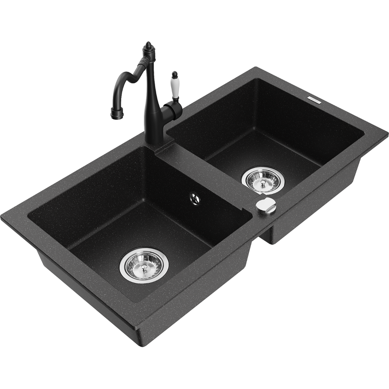 Mexen Mario granite sink 2-chamber with Carla kitchen tap, black/silver metallic - 6504-73-670700-70