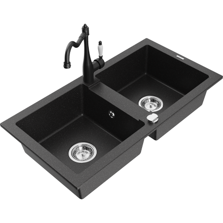 Mexen Mario granite double-basin sink with kitchen faucet Carla, black/silver metallic - 6504-73-670700-70