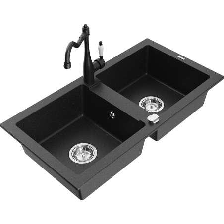 Mexen Mario granite sink 2-chamber with Carla kitchen tap, black/silver metallic - 6504-73-670700-70